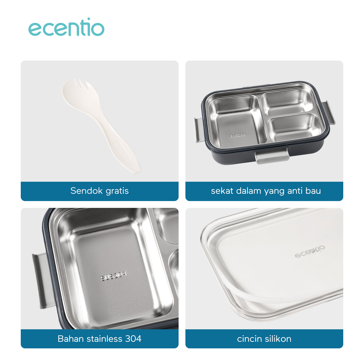 【🌟Pre-Order】【1.0 anti tumpah】ecentio lunch box stainless portable 850ml sekat 3 tempat makan kecil free sendok