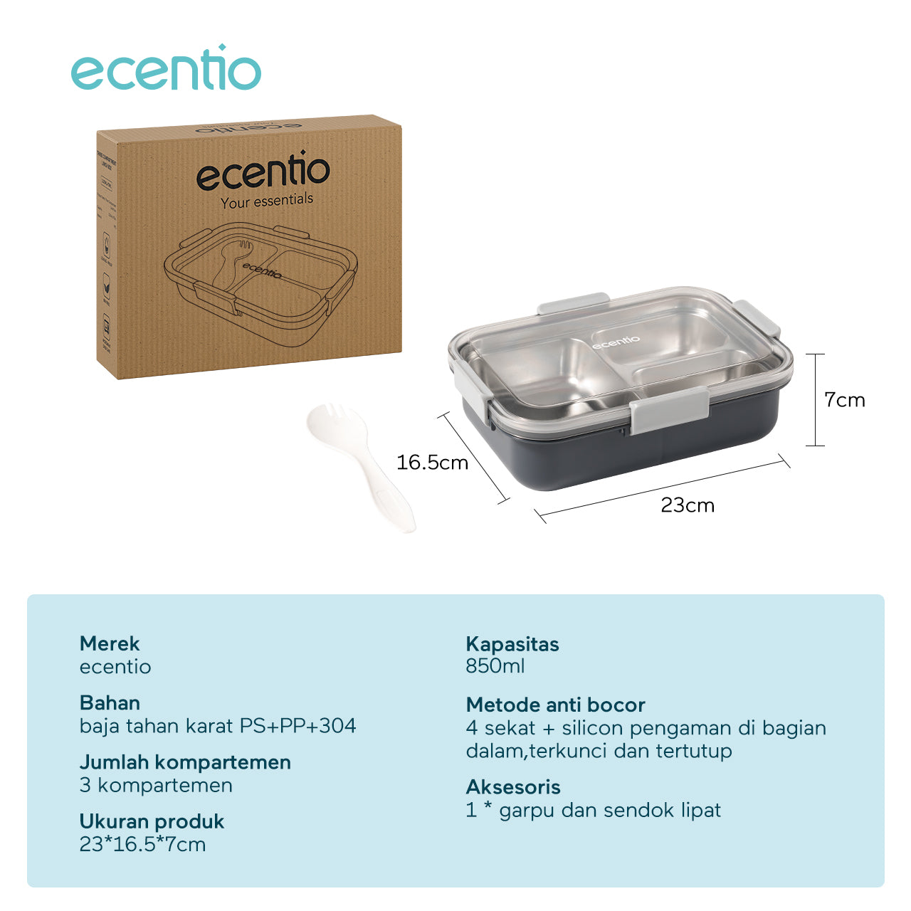 【🌟Pre-Order】【1.0 anti tumpah】ecentio lunch box stainless portable 850ml sekat 3 tempat makan kecil free sendok