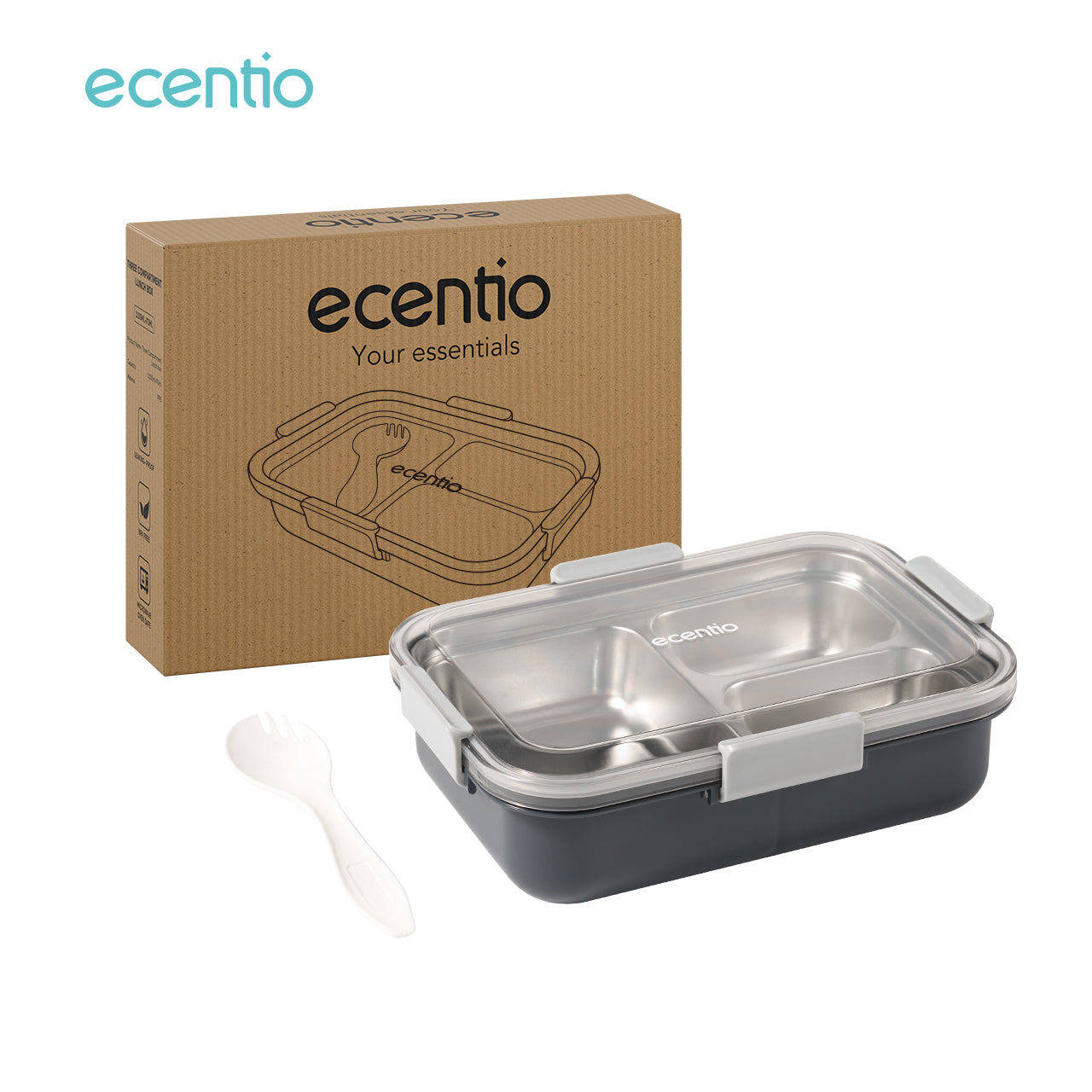 【🌟Pre-Order】【1.0 anti tumpah】ecentio lunch box stainless portable 850ml sekat 3 tempat makan kecil free sendok