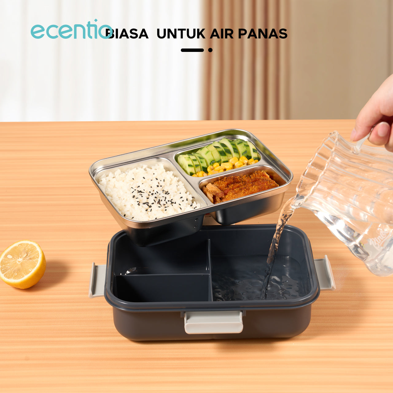 【🌟Pre-Order】【1.0 anti tumpah】ecentio lunch box stainless portable 850ml sekat 3 tempat makan kecil free sendok