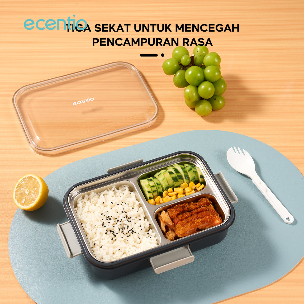 【🌟Pre-Order】【1.0 anti tumpah】ecentio lunch box stainless portable 850ml sekat 3 tempat makan kecil free sendok