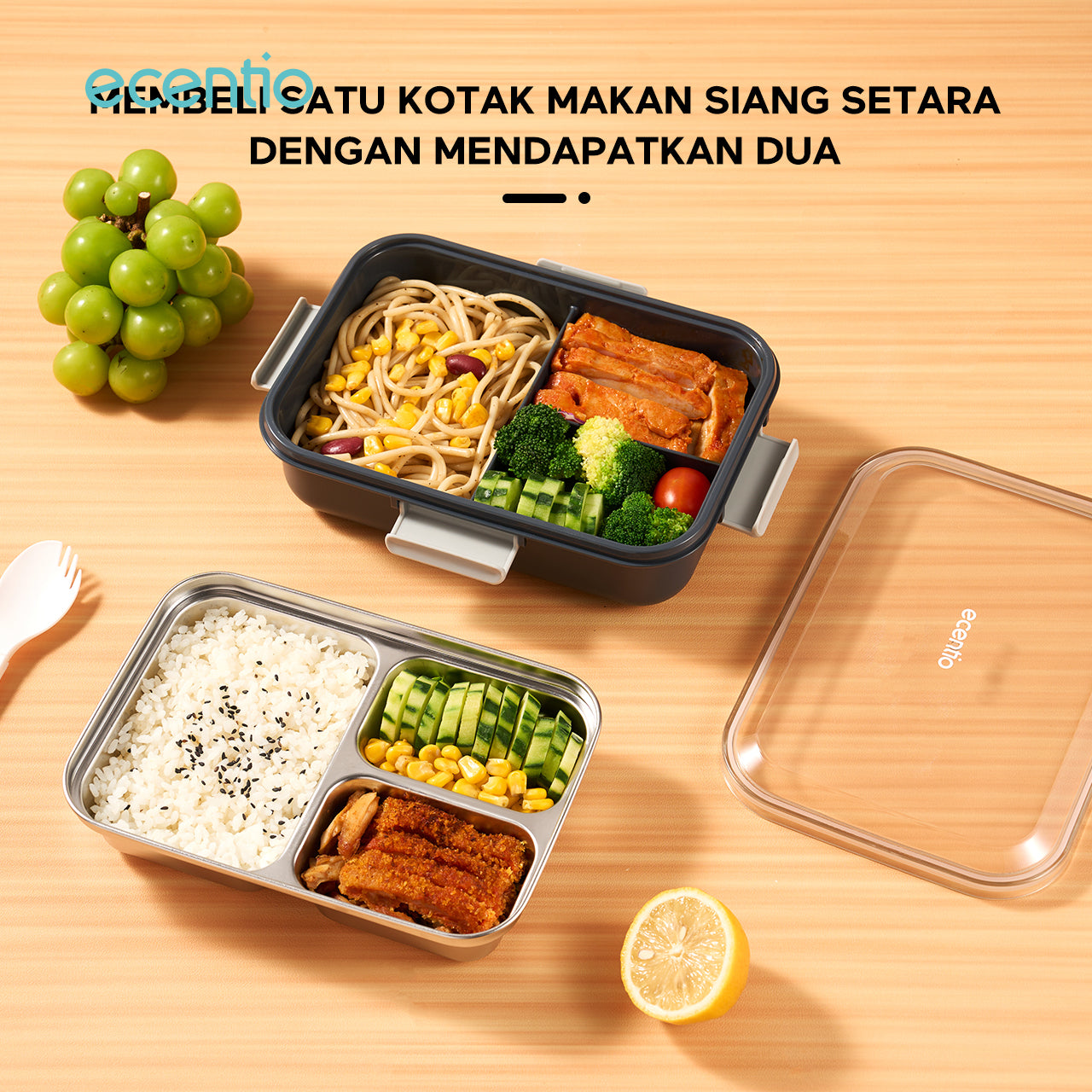 【🌟Pre-Order】【1.0 anti tumpah】ecentio lunch box stainless portable 850ml sekat 3 tempat makan kecil free sendok