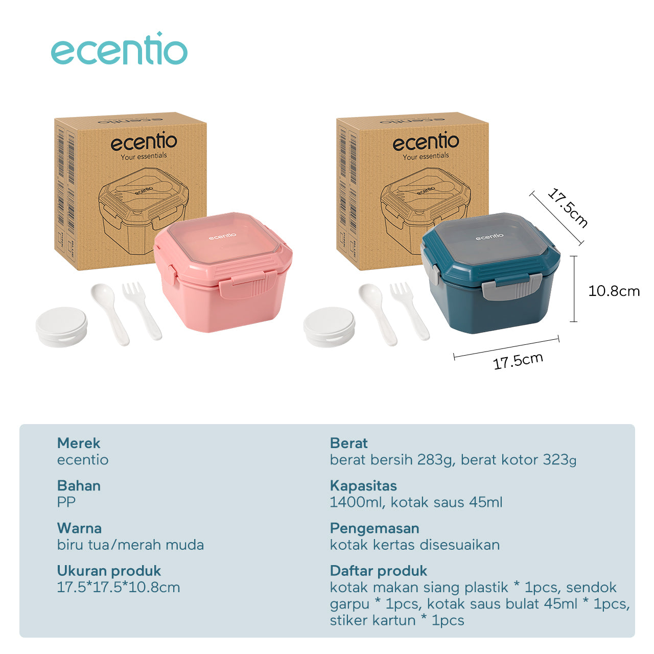 ecentio Kotak Makan Lunch Box 1400ml kotak saus 45ml Anti Bocor Tempat Makan Anti Tumpah BPA FREE besar