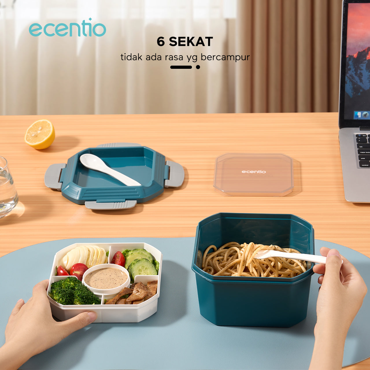 ecentio Kotak Makan Lunch Box 1400ml kotak saus 45ml Anti Bocor Tempat Makan Anti Tumpah BPA FREE besar