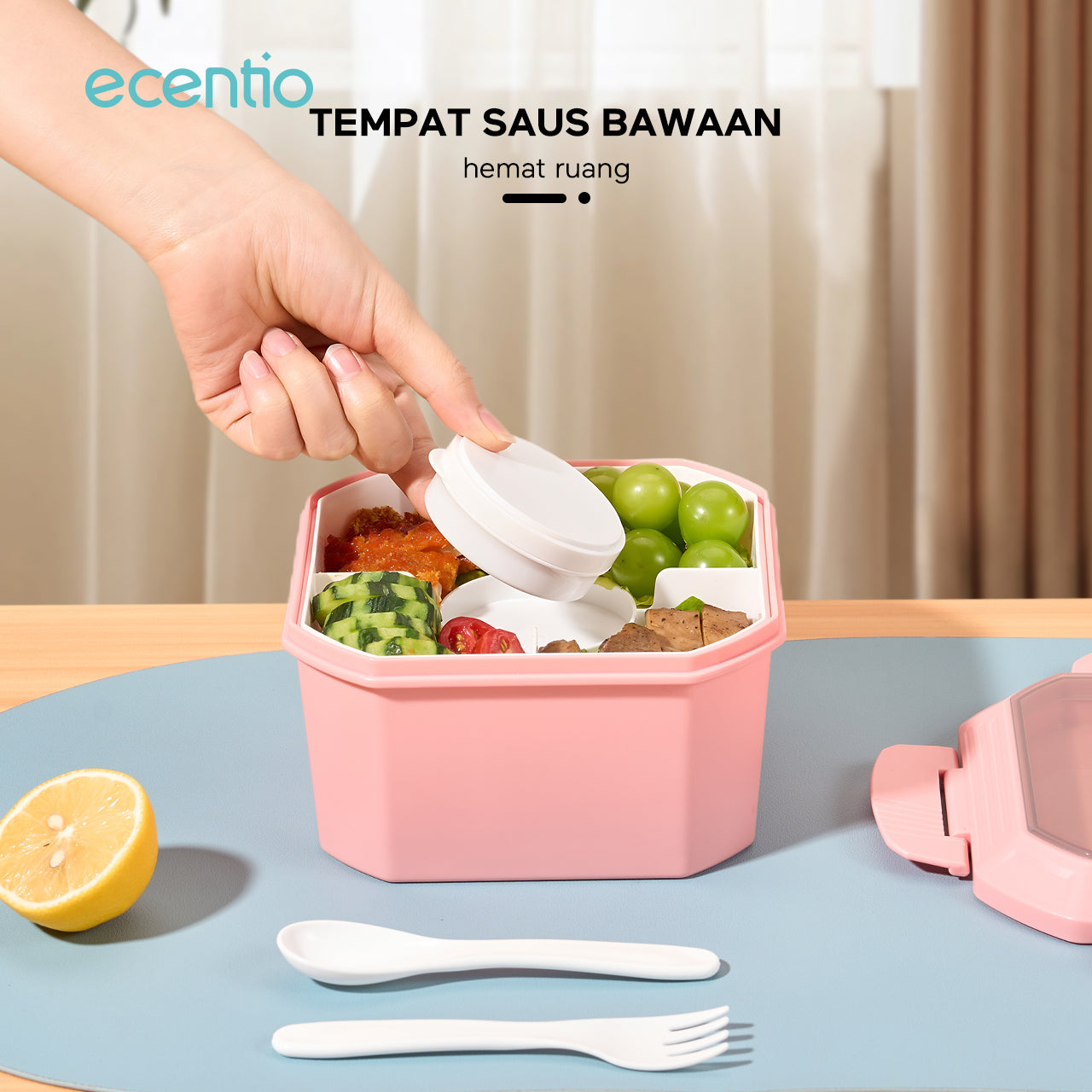 ecentio Kotak Makan Lunch Box 1400ml kotak saus 45ml Anti Bocor Tempat Makan Anti Tumpah BPA FREE besar