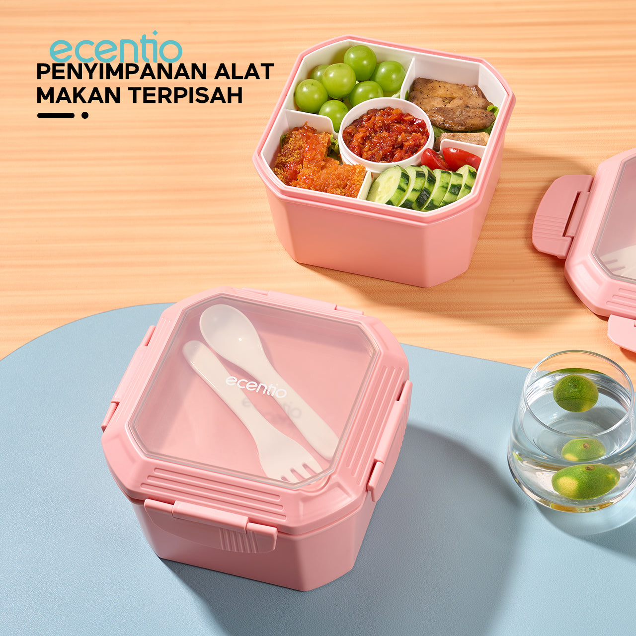 ecentio Kotak Makan Lunch Box 1400ml kotak saus 45ml Anti Bocor Tempat Makan Anti Tumpah BPA FREE besar