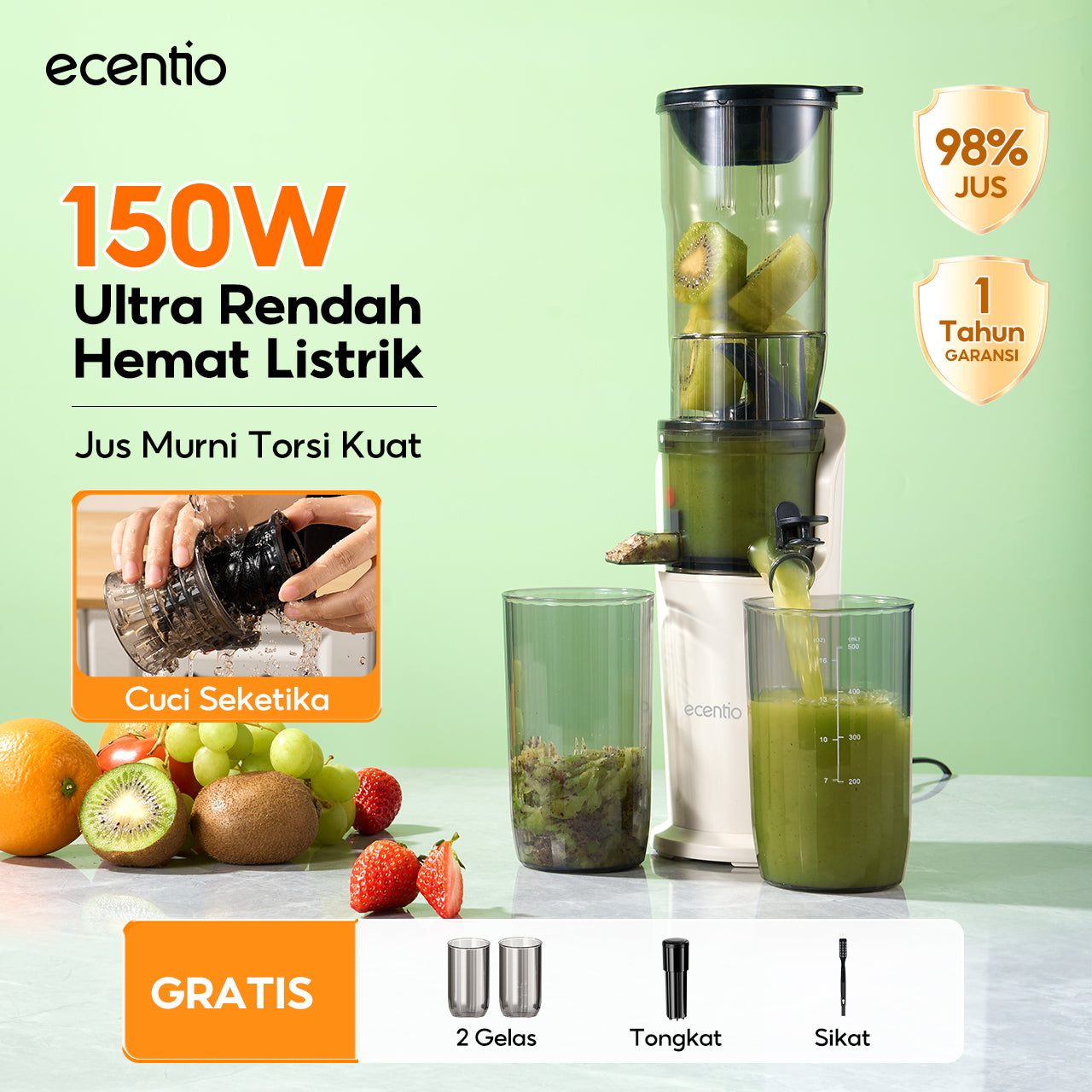 ecentio slow juicer putih baru tanpa ampas corong lebar 82mm 550ML+600ML blender buah 150W