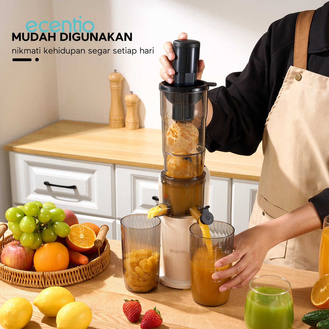 ecentio slow juicer putih baru tanpa ampas corong lebar 82mm 550ML+600ML blender buah 150W