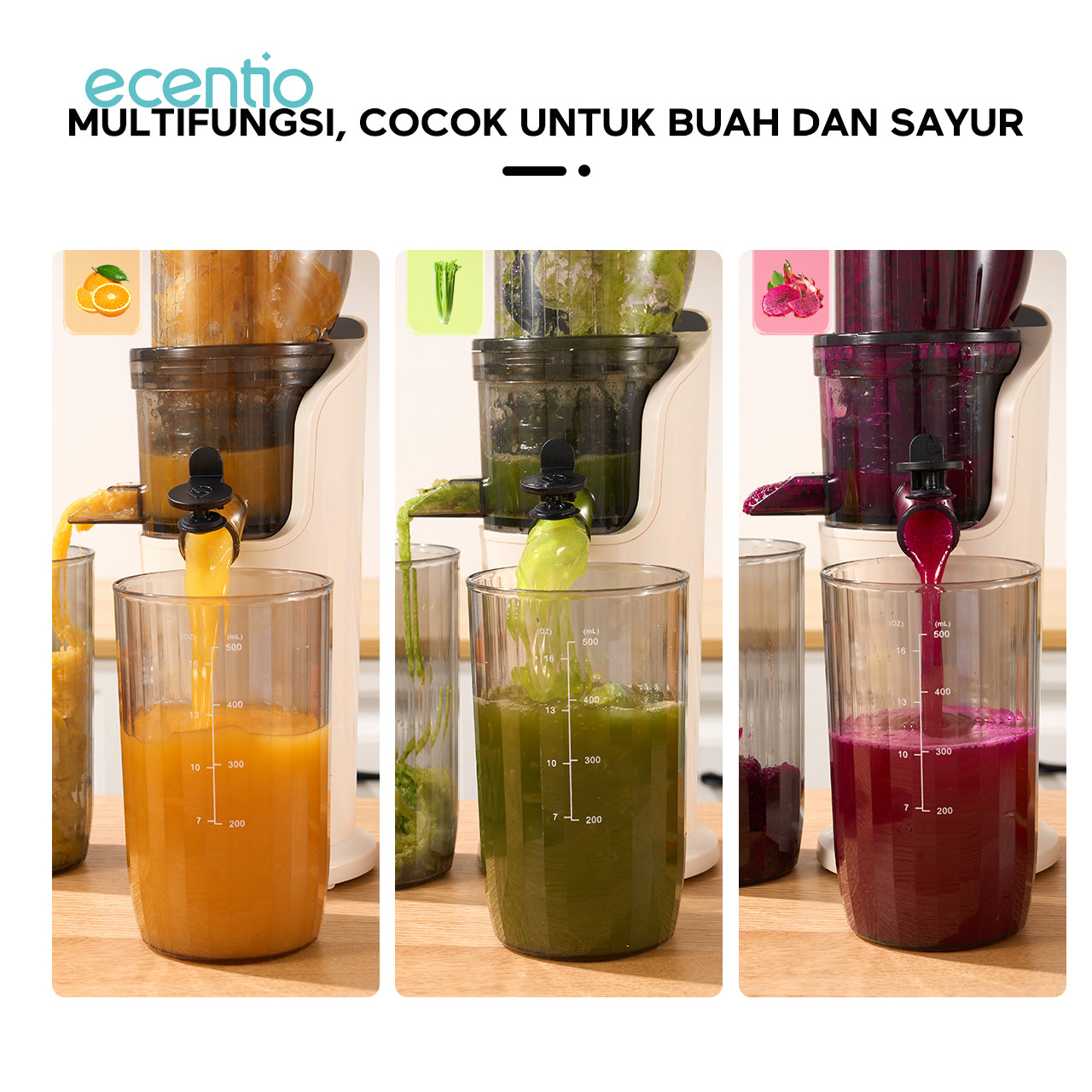 ecentio slow juicer putih baru tanpa ampas corong lebar 82mm 550ML+600ML blender buah 150W