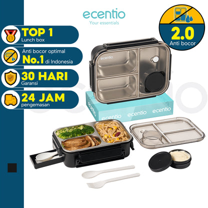 【2.0 anti tumpah】ecentio lunch box stainless 800ml sekat 3 dengan sendok sumpit free kotak sauce kecil