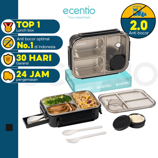 【🌟Pre-Order】【2.0 anti tumpah】ecentio lunch box stainless 800ml sekat 3 dengan sendok sumpit free kotak sauce kecil