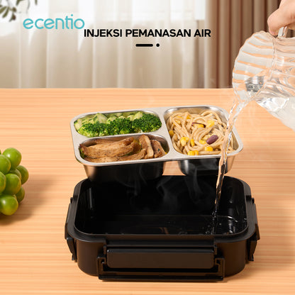 【2.0 anti tumpah】ecentio lunch box stainless 800ml sekat 3 dengan sendok sumpit free kotak sauce kecil