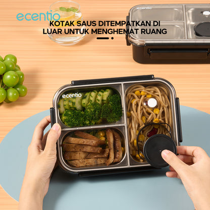 【2.0 anti tumpah】ecentio lunch box stainless 800ml sekat 3 dengan sendok sumpit free kotak sauce kecil