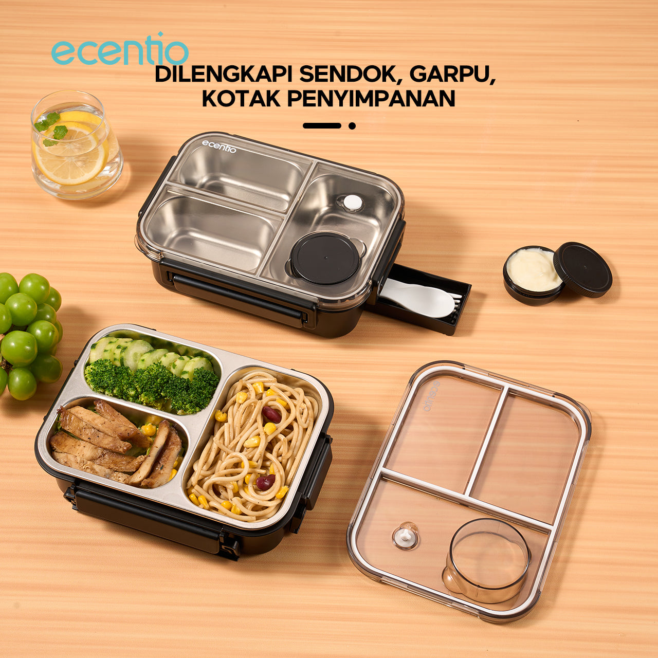 【2.0 anti tumpah】ecentio lunch box stainless 800ml sekat 3 dengan sendok sumpit free kotak sauce kecil