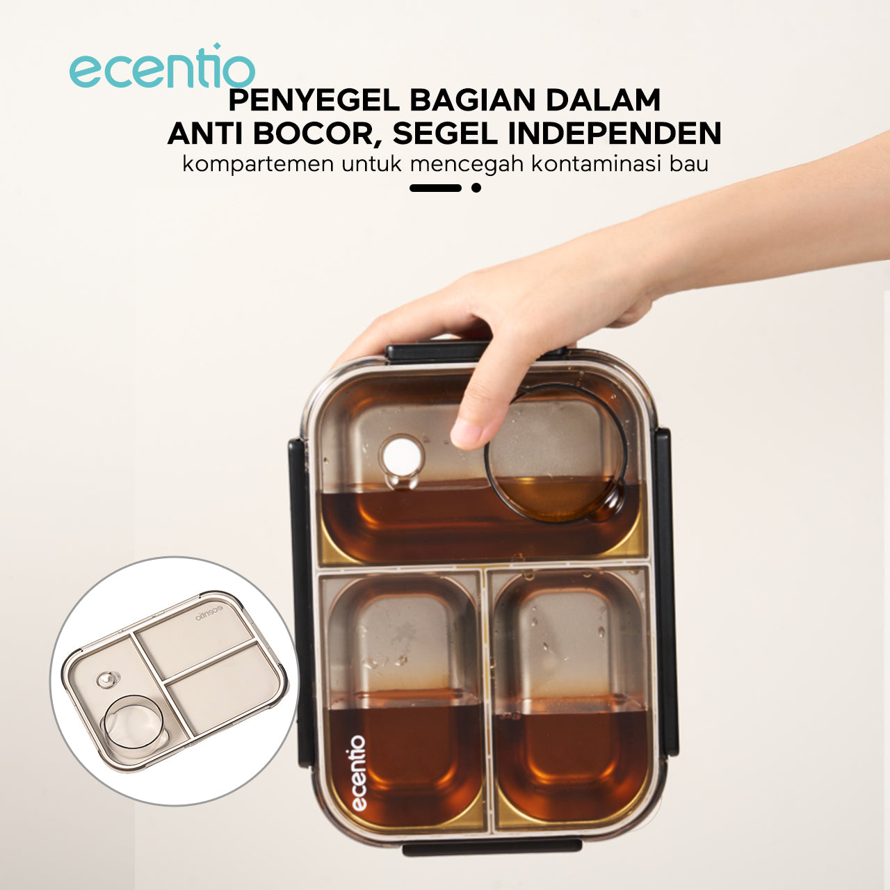 【2.0 anti tumpah】ecentio lunch box stainless 800ml sekat 3 dengan sendok sumpit free kotak sauce kecil