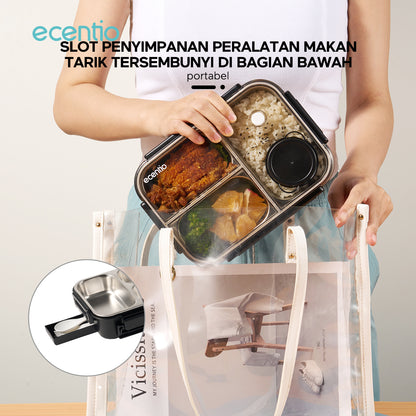 【2.0 anti tumpah】ecentio lunch box stainless 800ml sekat 3 dengan sendok sumpit free kotak sauce kecil