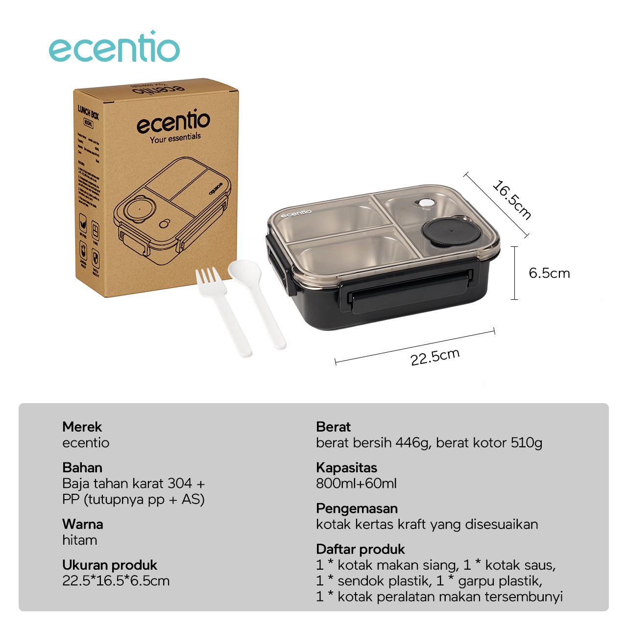 【2.0 anti tumpah】ecentio lunch box stainless 800ml sekat 3 dengan sendok sumpit free kotak sauce kecil