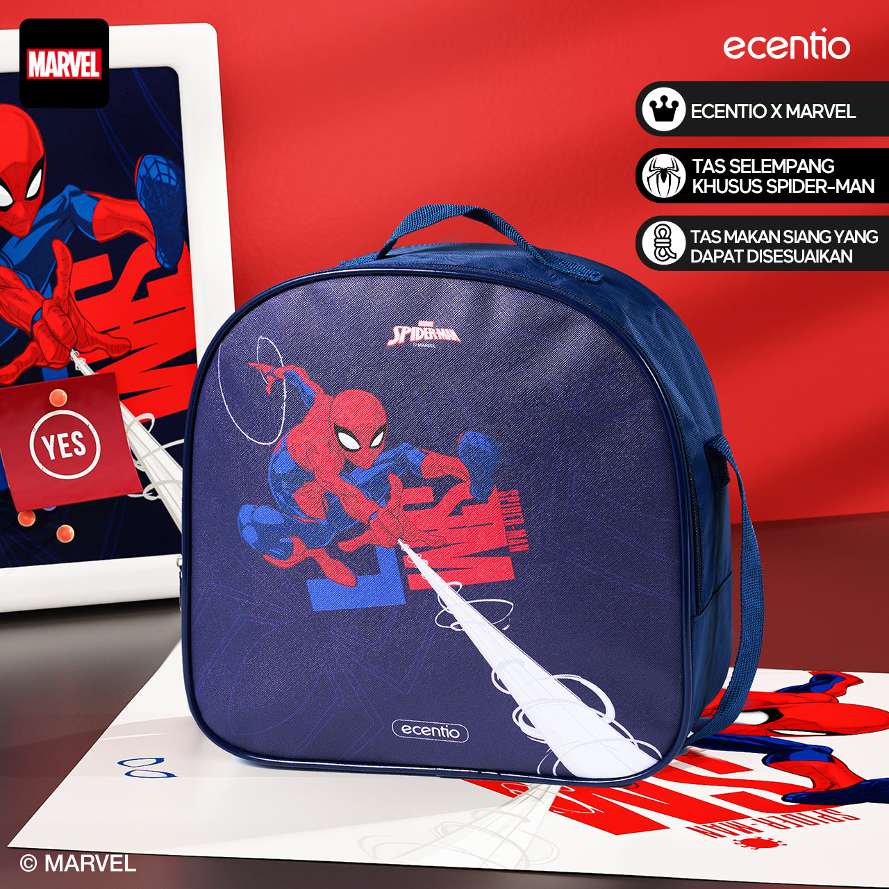 【Spider-Man Series】ecentio Kotak Makan Ruang Spider-Man Botol Minum Anti Tumpah BPA Free dengan Tas Peralatan Makan 60ml