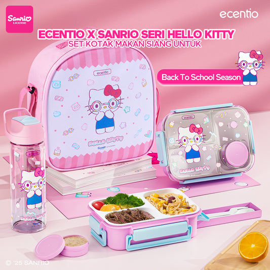 【🌟Pre-Order】【Hello Kitty Series】ecentio Set Kotak Makan Lucu Hello Kitty 3 Bagian & Gelas Air Siswa dengan Kotak Saus 60ml Bawaan Peralatan Makan dan Tas Makan