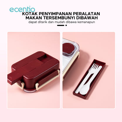 ecentio lining anti-smell plastic lunch box Desain tiga grid Sealing anti bocor kotak hidangan Merah 800ml