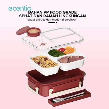 ecentio lining anti-smell plastic lunch box Desain tiga grid Sealing anti bocor kotak hidangan Merah 800ml