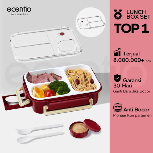ecentio lining anti-smell plastic lunch box Desain tiga grid Sealing anti bocor kotak hidangan Merah 800ml