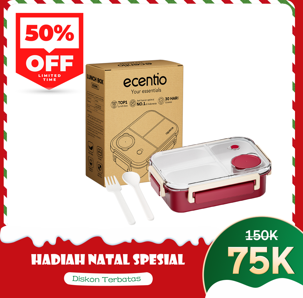 ecentio lining anti-smell plastic lunch box Desain tiga grid Sealing anti bocor kotak hidangan Merah 800ml