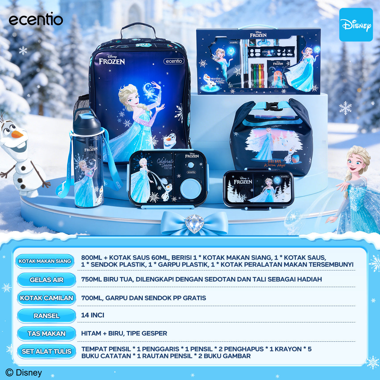 Pre-Order [Back To School] ecentio Disney Elsa botol minum anak & kotak makan anak 800ml anti tumpah lunch box gratis sendok tas bekal tas sekolah back to school kotak snack aman makanan BPA Free tahan panas tahan bocor