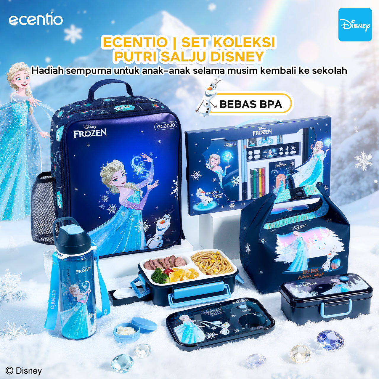 Pre-Order [Back To School] ecentio Disney Elsa botol minum anak & kotak makan anak 800ml anti tumpah lunch box gratis sendok tas bekal tas sekolah back to school kotak snack aman makanan BPA Free tahan panas tahan bocor