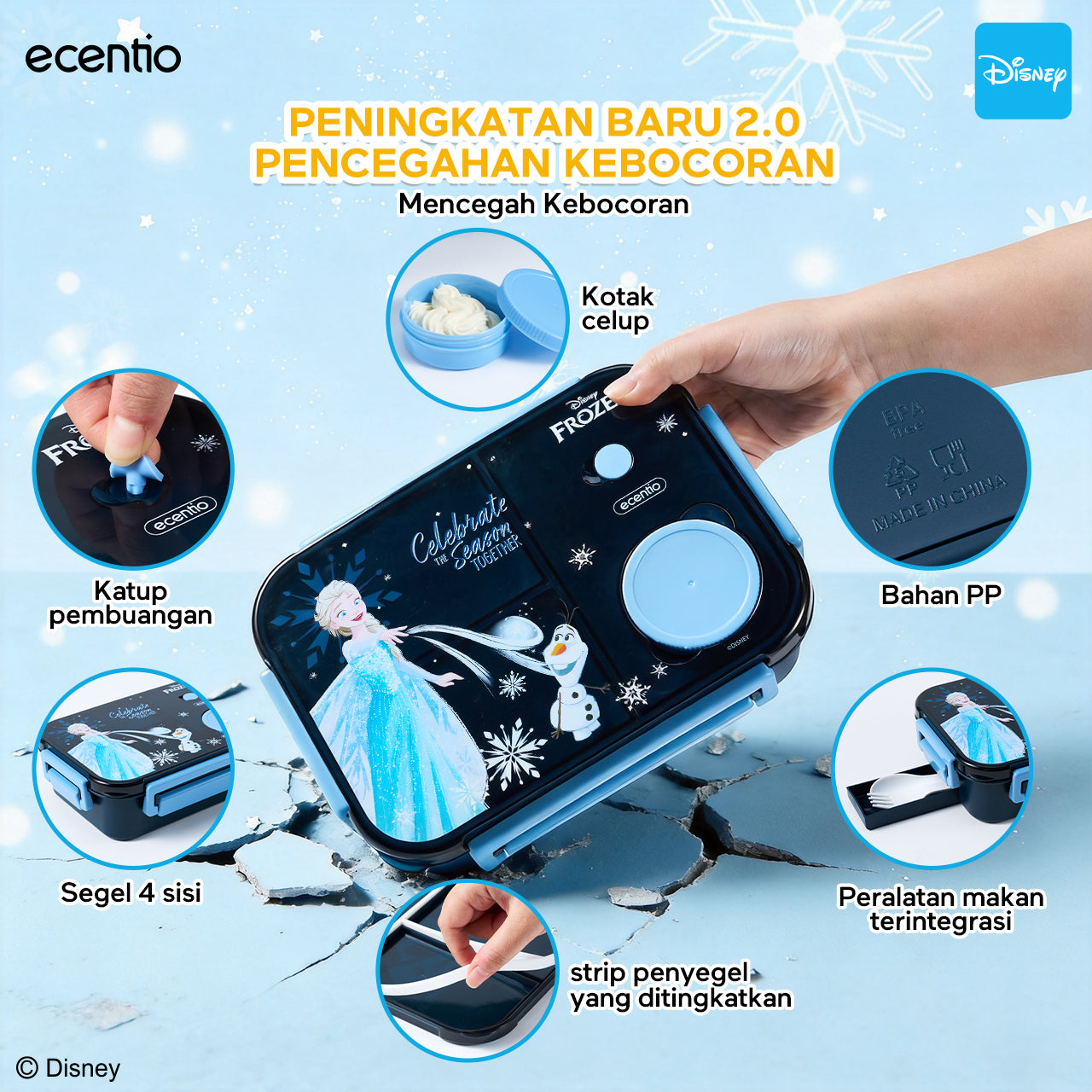 Pre-Order [Back To School] ecentio Disney Elsa botol minum anak & kotak makan anak 800ml anti tumpah lunch box gratis sendok tas bekal tas sekolah back to school kotak snack aman makanan BPA Free tahan panas tahan bocor