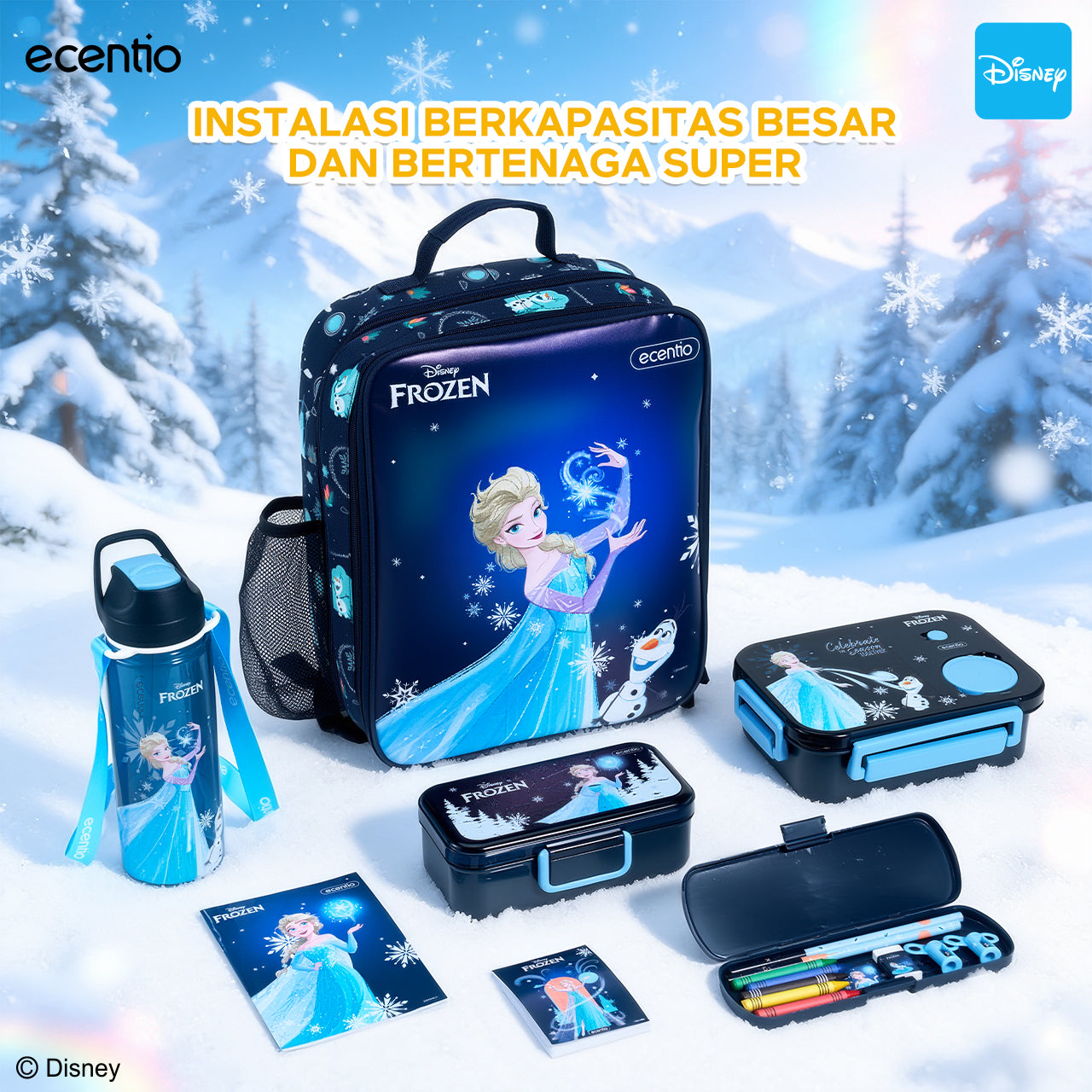 Pre-Order [Back To School] ecentio Disney Elsa botol minum anak & kotak makan anak 800ml anti tumpah lunch box gratis sendok tas bekal tas sekolah back to school kotak snack aman makanan BPA Free tahan panas tahan bocor