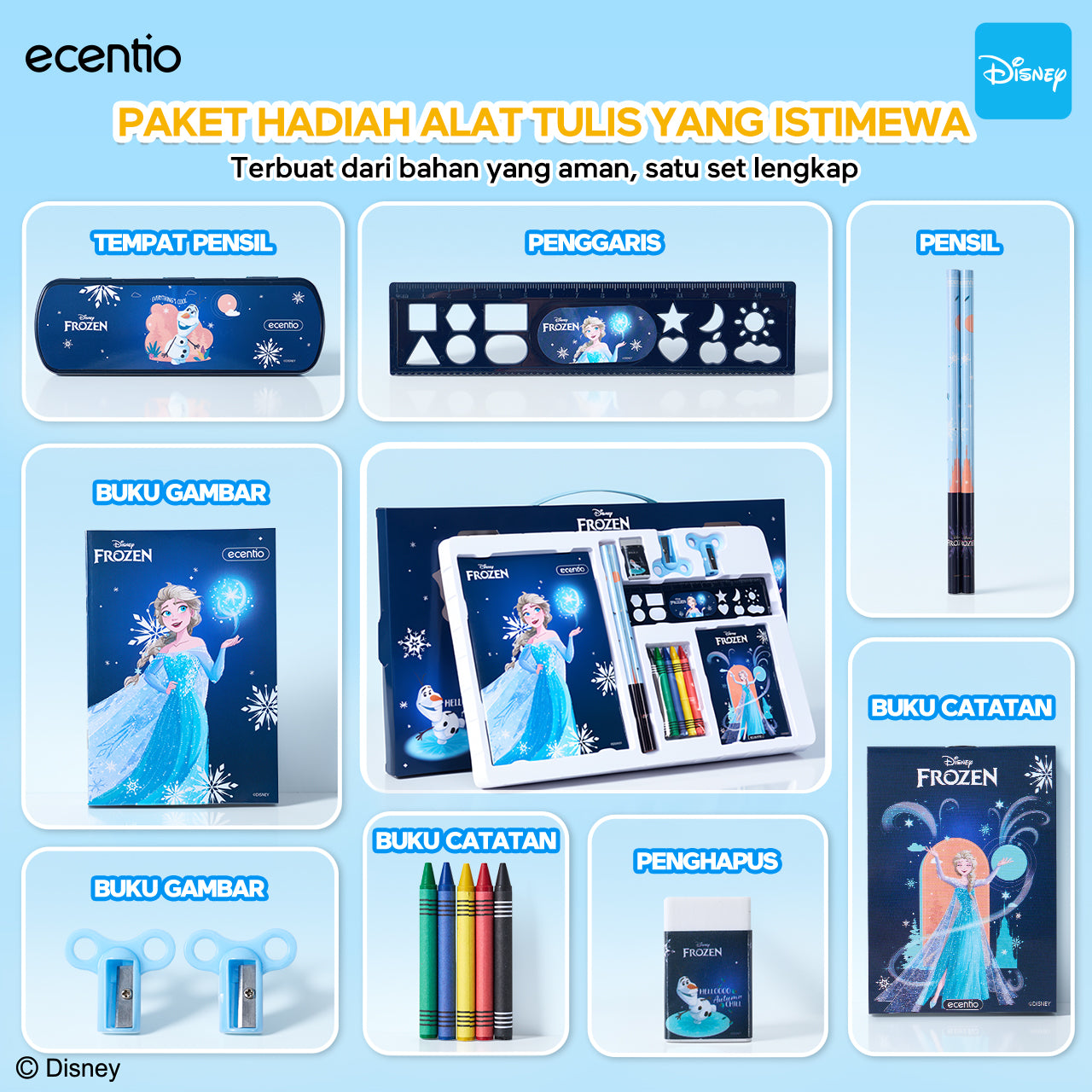 Pre-Order [Back To School] ecentio Disney Elsa botol minum anak & kotak makan anak 800ml anti tumpah lunch box gratis sendok tas bekal tas sekolah back to school kotak snack aman makanan BPA Free tahan panas tahan bocor