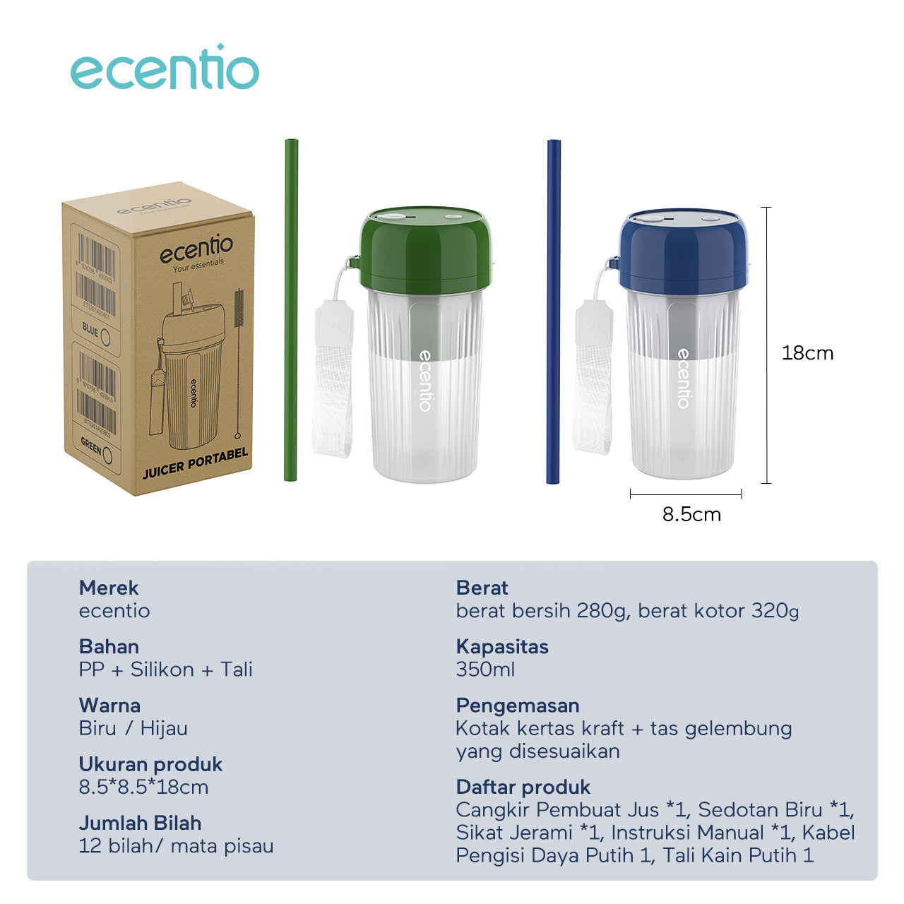 ecentio juicer jus 350ml 12 pisau dengan sedotan portable blender mini