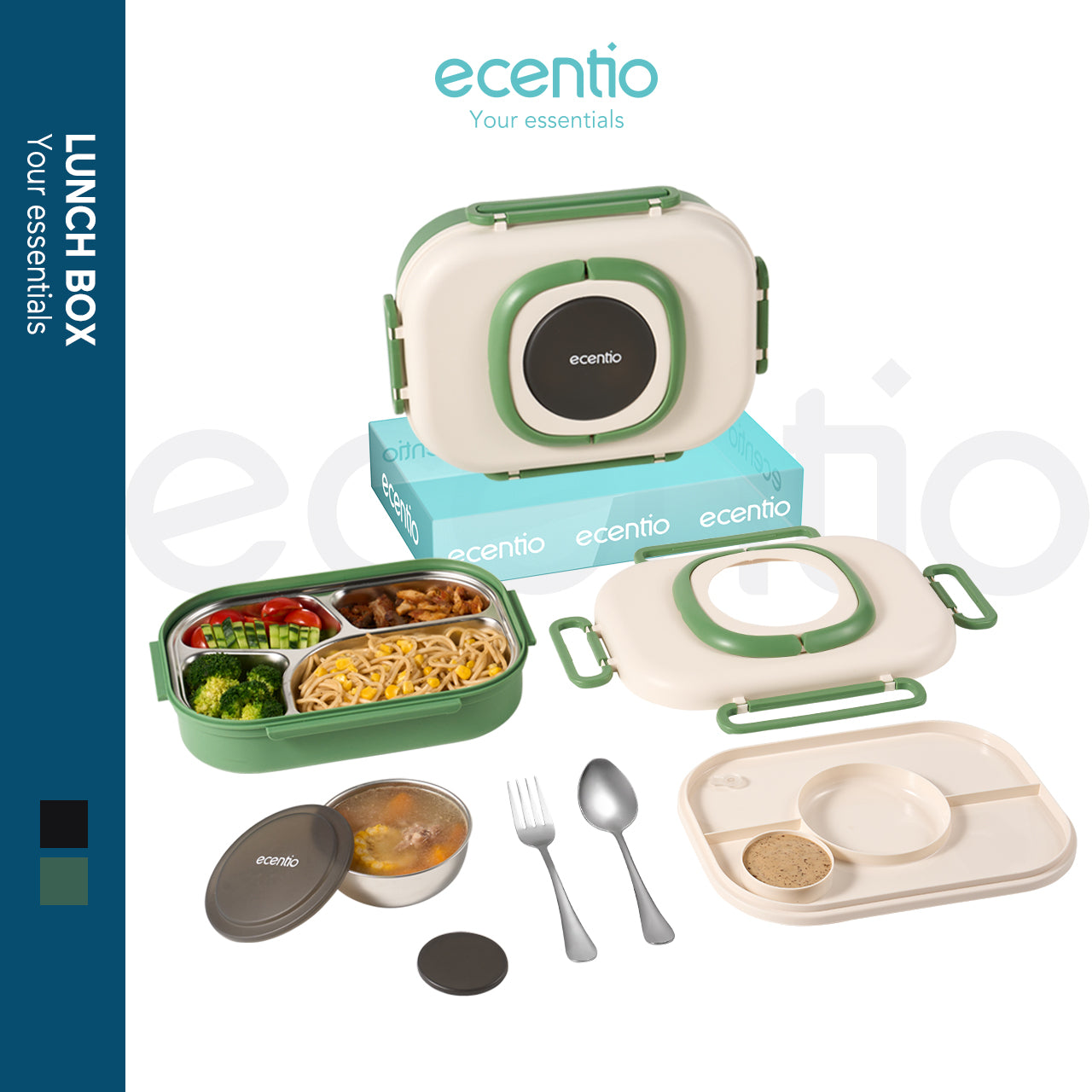 【1.0 anti tumpah】ecentio lunch box stainless 1100ml dan tempat sup 360ml sauce free sendok