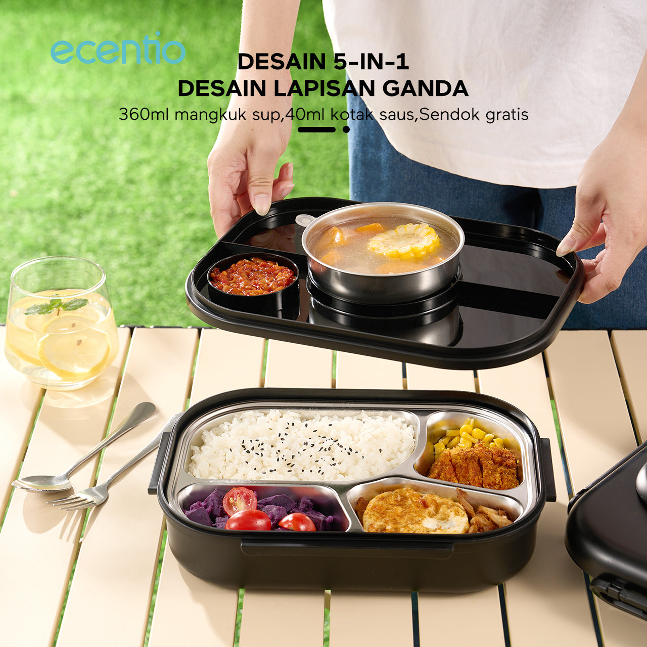 【1.0 anti tumpah】ecentio lunch box stainless 1100ml dan tempat sup 360ml sauce free sendok