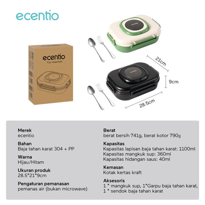 【1.0 anti tumpah】ecentio lunch box stainless 1100ml dan tempat sup 360ml sauce free sendok