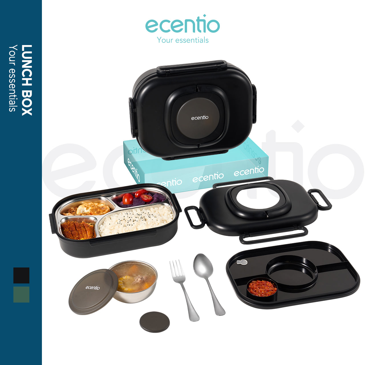 【1.0 anti tumpah】ecentio lunch box stainless 1100ml dan tempat sup 360ml sauce free sendok