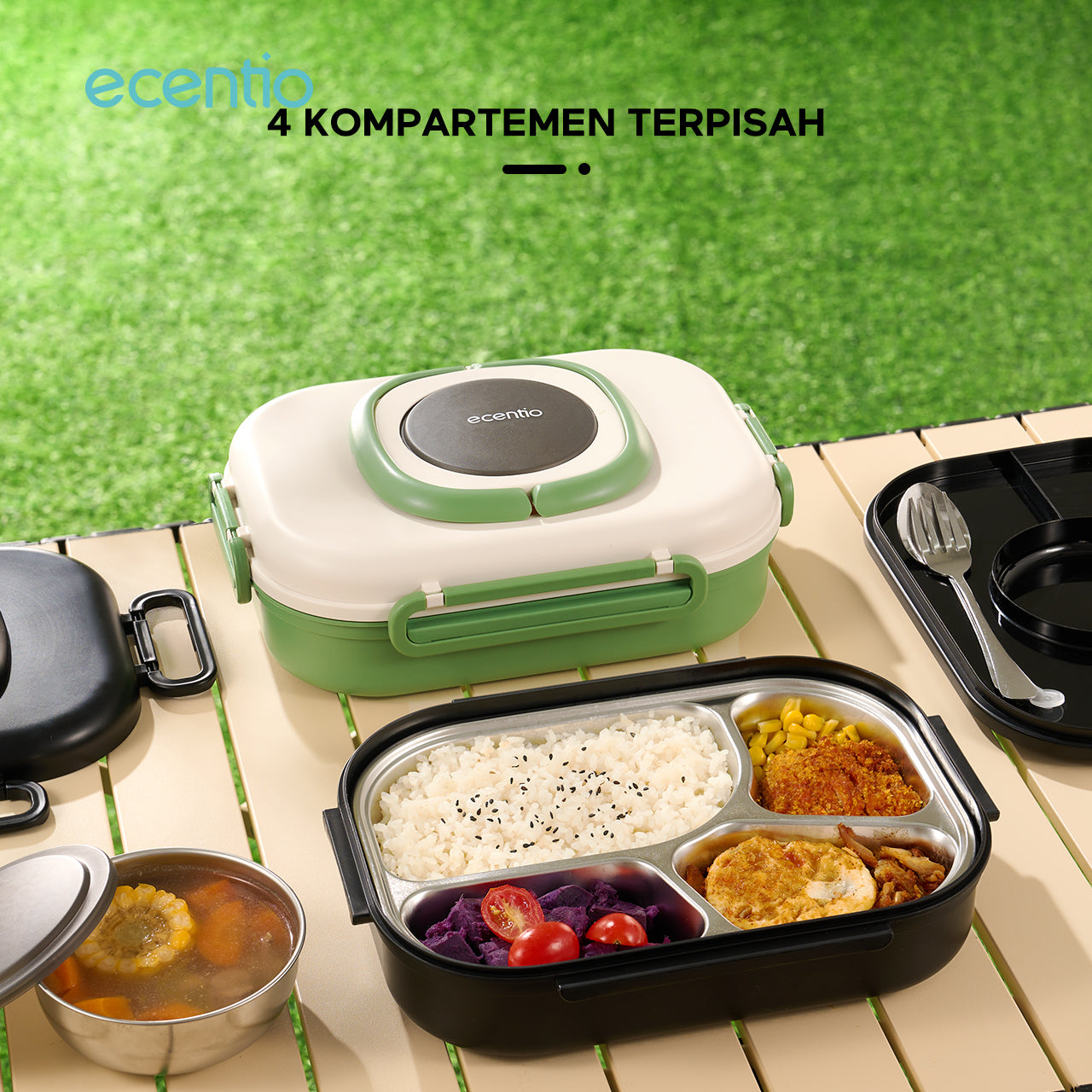 【1.0 anti tumpah】ecentio lunch box stainless 1100ml dan tempat sup 360ml sauce free sendok