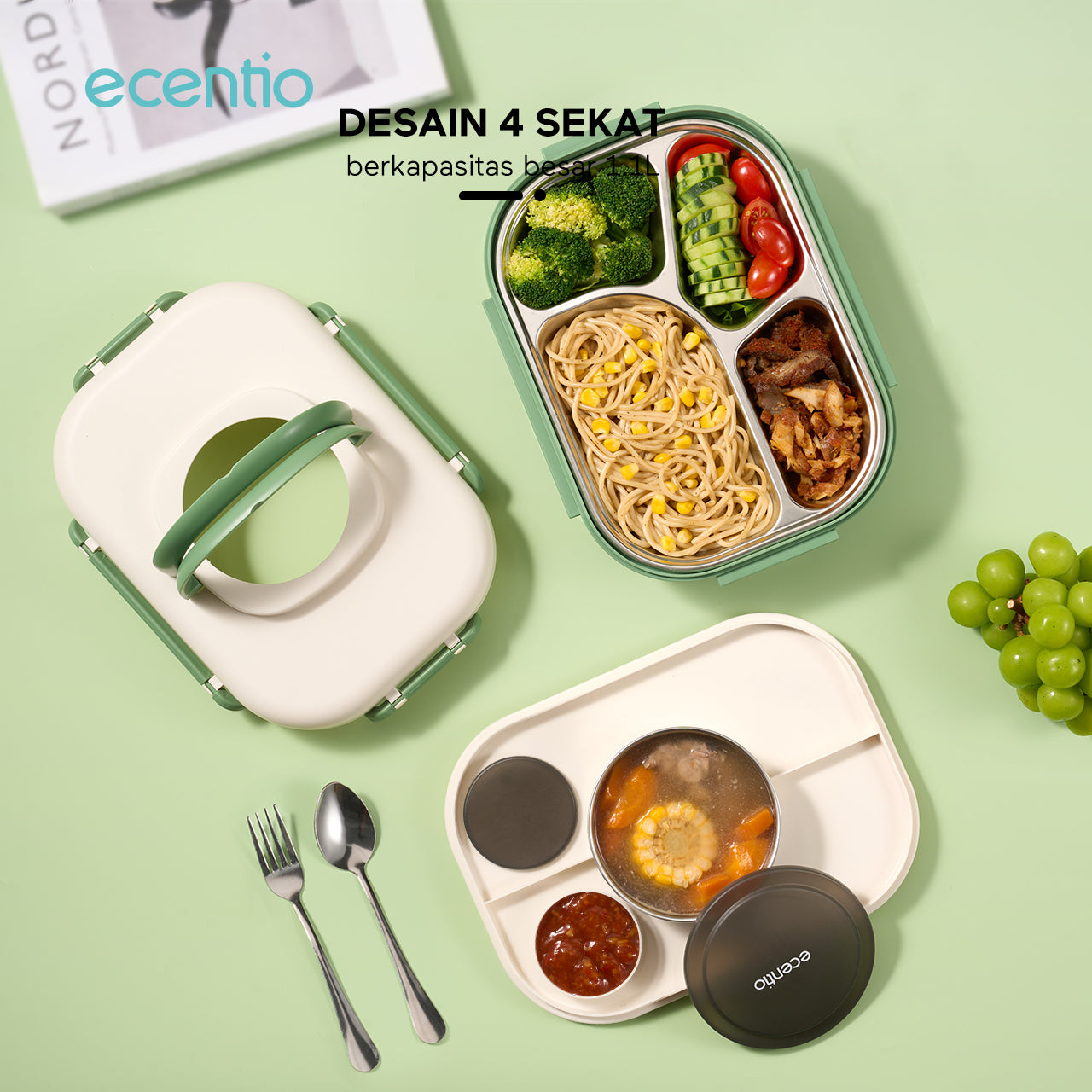 【1.0 anti tumpah】ecentio lunch box stainless 1100ml dan tempat sup 360ml sauce free sendok