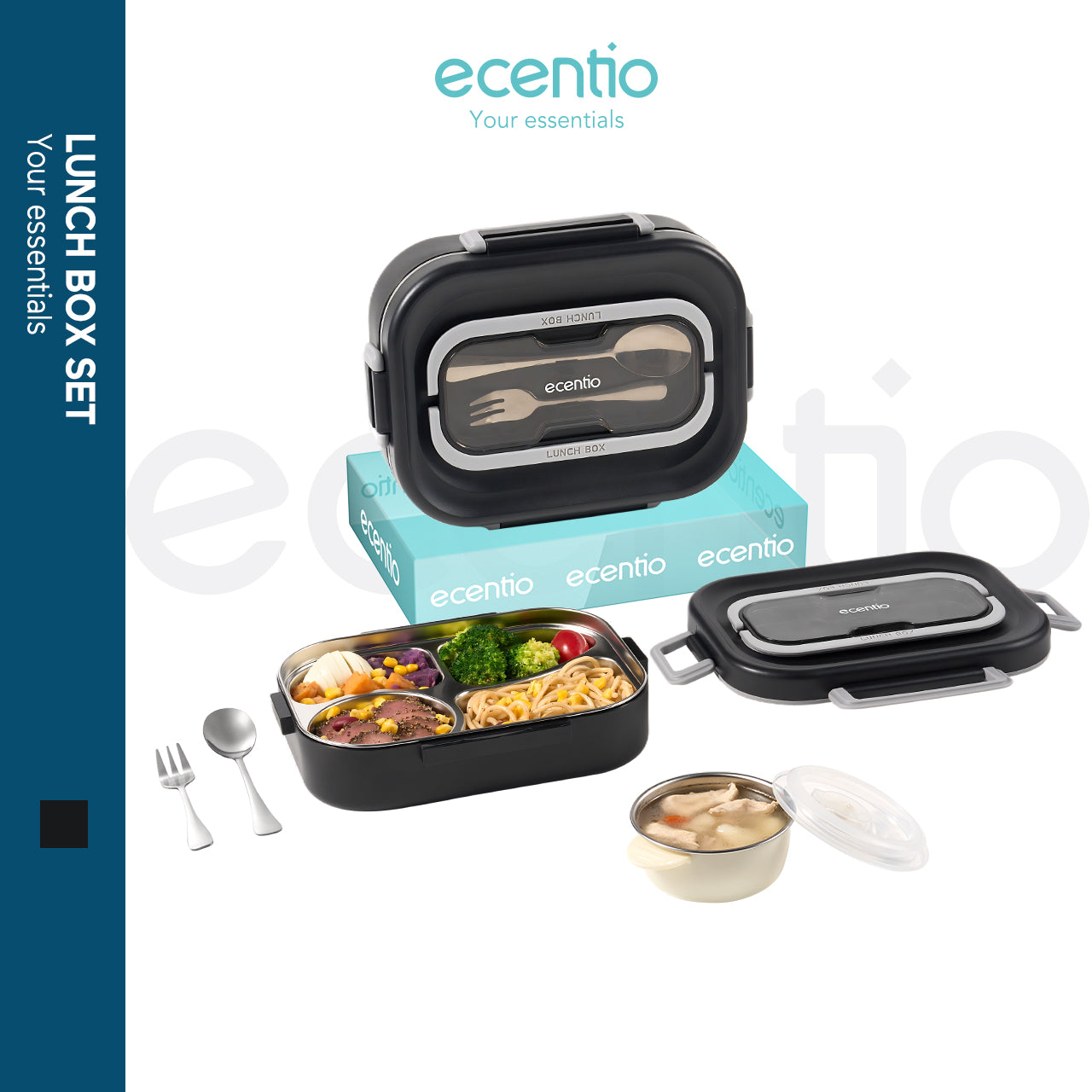 ecentio 1.48L Kotak Makan Stainless Steel 4 Kompartemen dengan Mangkok Sup + Set Peralatan Makan 2 Piece