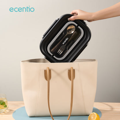 ecentio 1.48L Kotak Makan Stainless Steel 4 Kompartemen dengan Mangkok Sup + Set Peralatan Makan 2 Piece