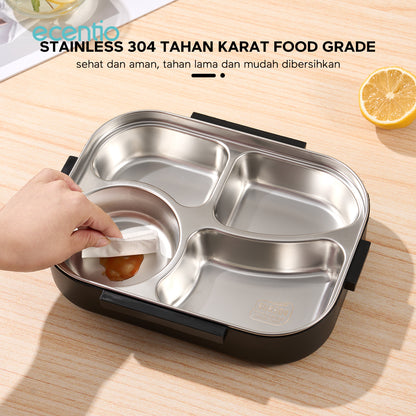 ecentio 1.48L Kotak Makan Stainless Steel 4 Kompartemen dengan Mangkok Sup + Set Peralatan Makan 2 Piece