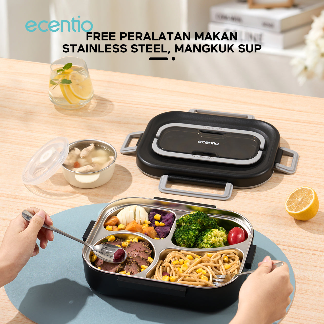 ecentio 1.48L Kotak Makan Stainless Steel 4 Kompartemen dengan Mangkok Sup + Set Peralatan Makan 2 Piece