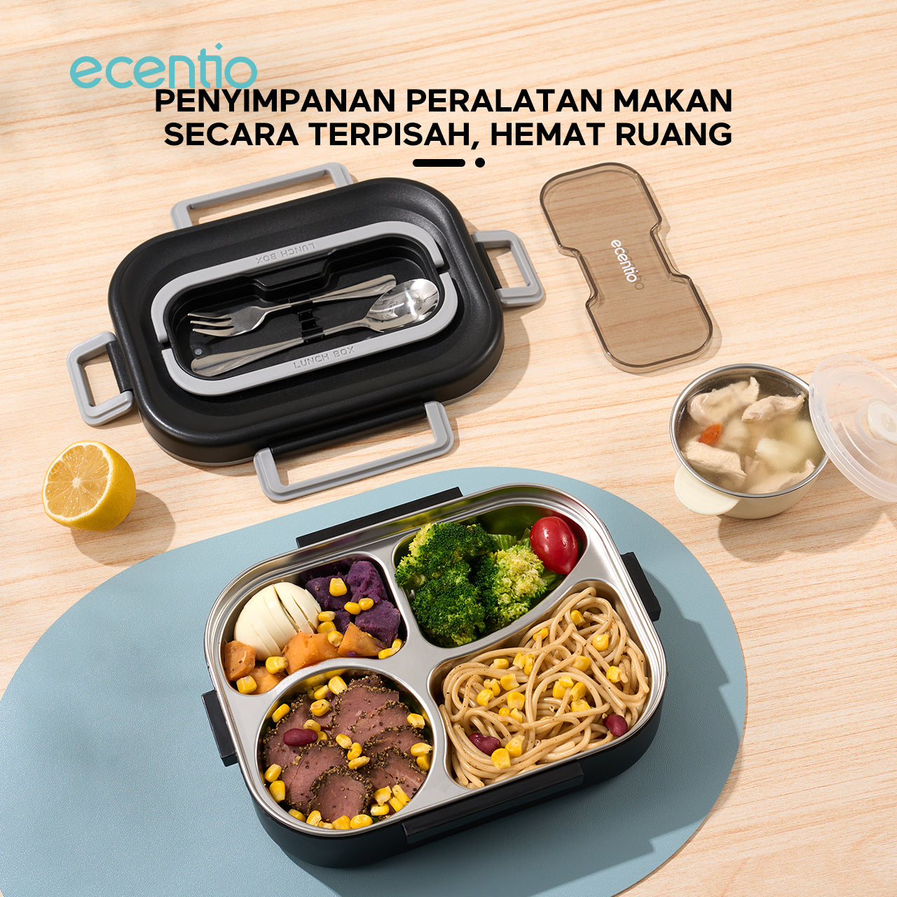 ecentio 1.48L Kotak Makan Stainless Steel 4 Kompartemen dengan Mangkok Sup + Set Peralatan Makan 2 Piece