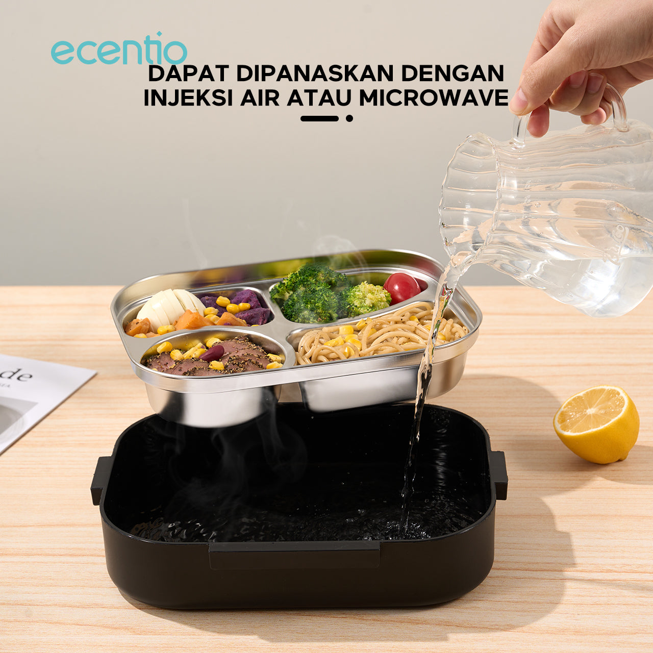 ecentio 1.48L Kotak Makan Stainless Steel 4 Kompartemen dengan Mangkok Sup + Set Peralatan Makan 2 Piece