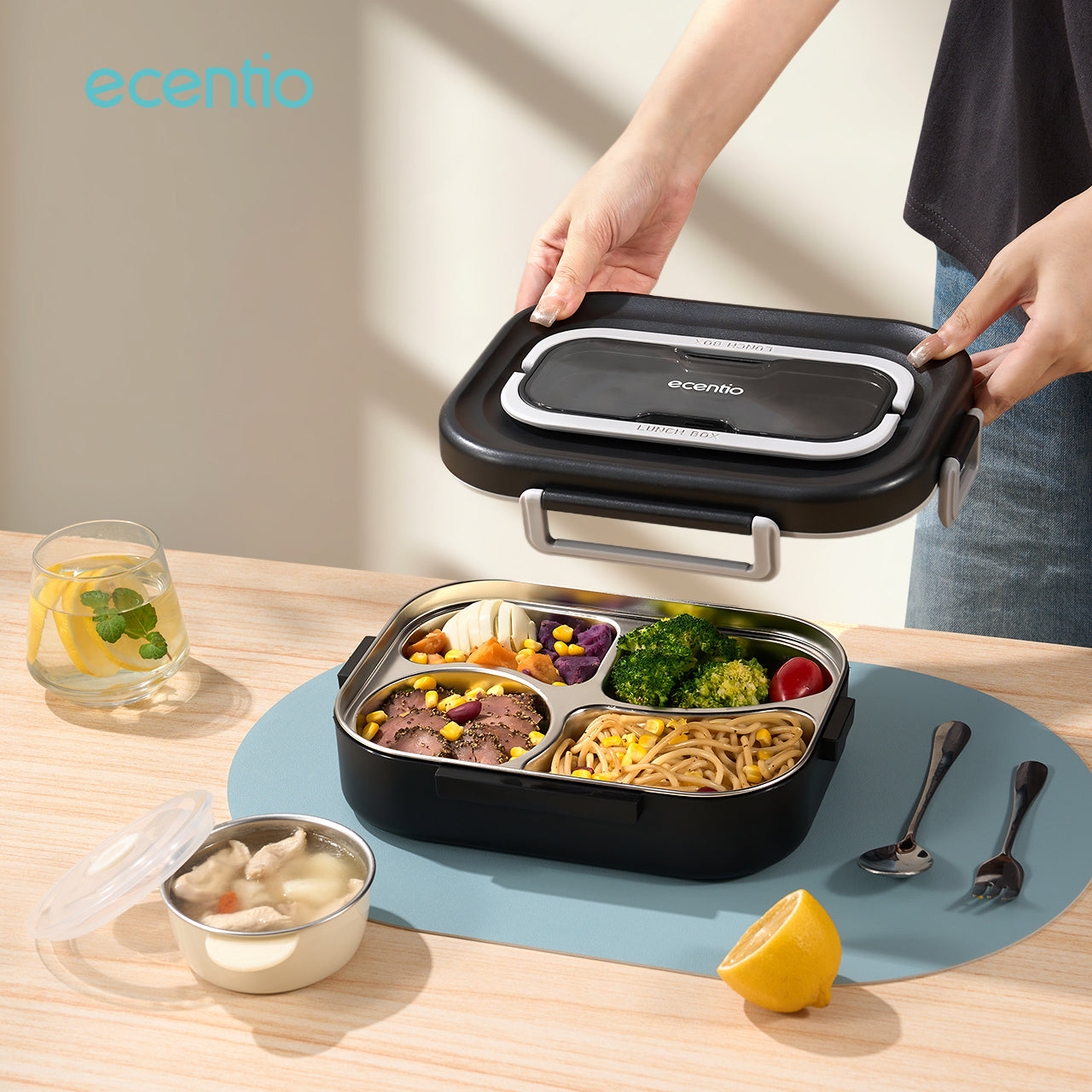 ecentio 1.48L Kotak Makan Stainless Steel 4 Kompartemen dengan Mangkok Sup + Set Peralatan Makan 2 Piece