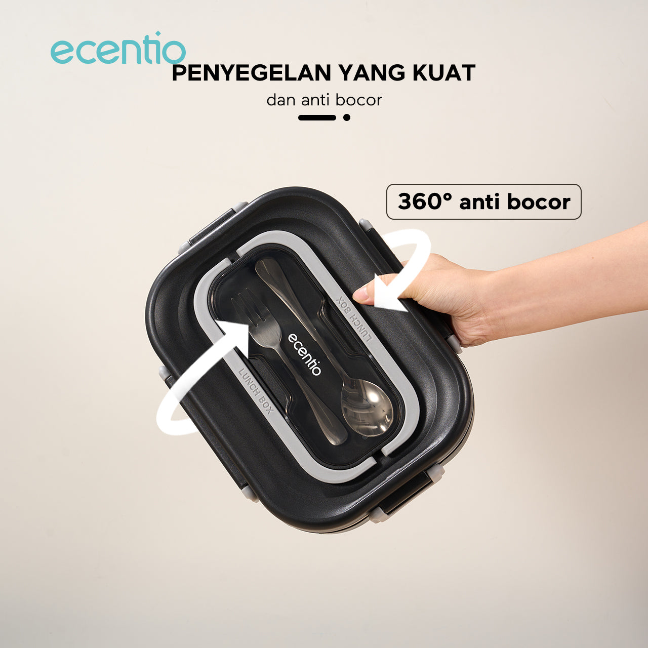 ecentio 1.48L Kotak Makan Stainless Steel 4 Kompartemen dengan Mangkok Sup + Set Peralatan Makan 2 Piece