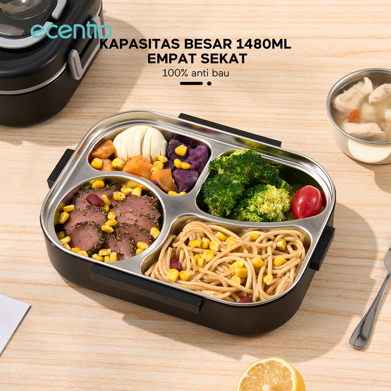 ecentio 1.48L Kotak Makan Stainless Steel 4 Kompartemen dengan Mangkok Sup + Set Peralatan Makan 2 Piece