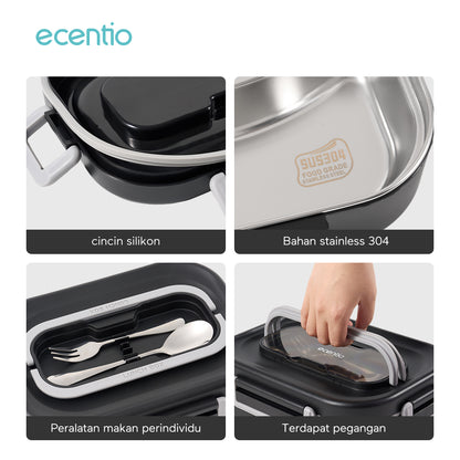 ecentio 1.48L Kotak Makan Stainless Steel 4 Kompartemen dengan Mangkok Sup + Set Peralatan Makan 2 Piece