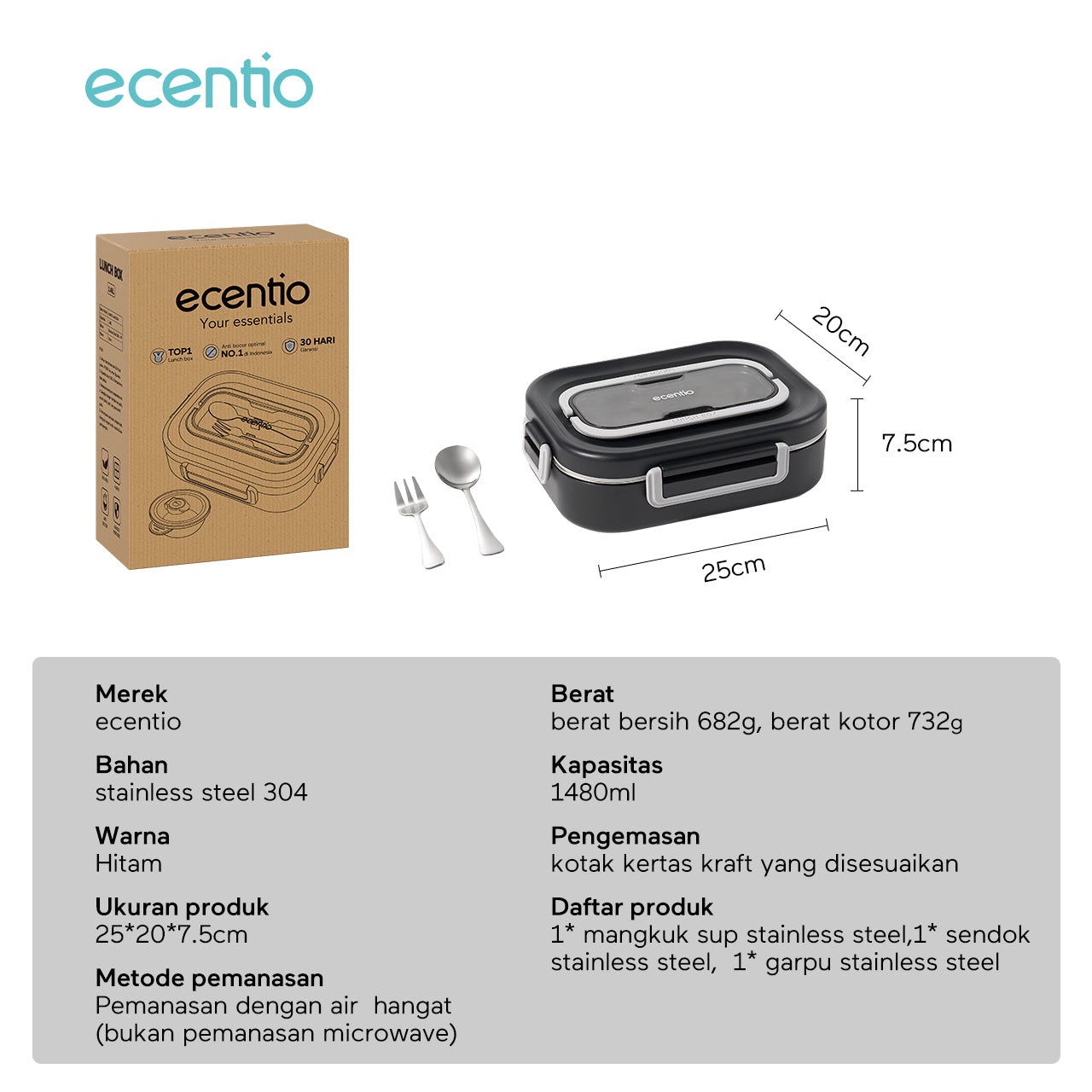 ecentio 1.48L Kotak Makan Stainless Steel 4 Kompartemen dengan Mangkok Sup + Set Peralatan Makan 2 Piece